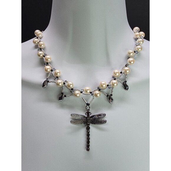 Handcrafted .925 Sterling Silver Glass Pearl Monochrome Dragonfly Pendant Unique - Picture 4 of 11